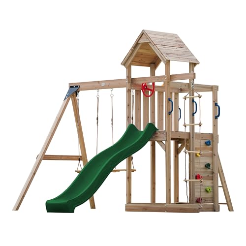 AXI Moos Spielturm aus Holz mit 2 Schaukeln & Strickleiter | XXL Spielhaus/Spielplatz für Kinder mit Kletterwand, Sandkasten & Rutsche in Grün | Schaukelgerüst für den Garten von AXI