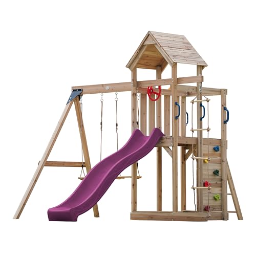 AXI Moos Spielturm aus Holz mit 2 Schaukeln & Strickleiter | XXL Spielhaus/Spielplatz für Kinder mit Kletterwand, Sandkasten & Rutsche in Lila | Schaukelgerüst für den Garten von AXI