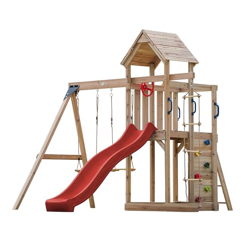 AXI Moos Spielturm aus Holz mit 2 Schaukeln & Strickleiter | XXL Spielhaus/Spielplatz für Kinder mit Kletterwand, Sandkasten & Rutsche in Rot | Schaukelgerüst für den Garten von AXI