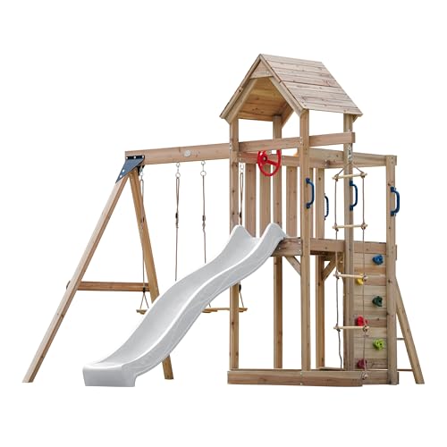 AXI Moos Spielturm aus Holz mit 2 Schaukeln & Strickleiter | XXL Spielhaus/Spielplatz für Kinder mit Kletterwand, Sandkasten & Rutsche in Weiß | Schaukelgerüst für den Garten von AXI