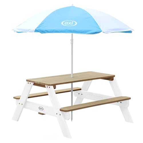 AXI Nick Kinder Picknicktisch aus Holz | Kindertisch in Braun & Weiß mit Sonnenschirm für den Garten von AXI