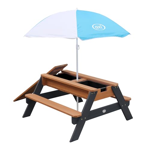 AXI Nick Kinder Sand & Wasser Picknicktisch aus Holz | Wasserspieltisch & Sandtisch mit Deckel und Behältern | Kindertisch/Matschtisch in Grau & Braun mit Sonnenschirm für den Garten von AXI