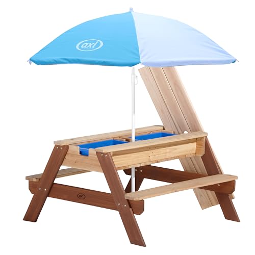AXI Nick Kinder Sand & Wasser Picknicktisch aus Holz | Wasserspieltisch & Sandtisch mit Deckel und Behältern | Kindertisch/Matschtisch in Braun mit Sonnenschirm für den Garten AXI Nick Kinder Sand & Wasser Picknicktisch aus Holz | Wasserspieltisch & Sandtisch mit Deckel und Behältern | Kindertisch/Matschtisch in Braun mit Sonnenschirm für den Garten von AXI