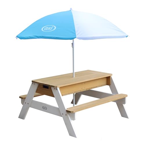 AXI Nick Kinder Sand & Wasser Picknicktisch aus Holz | Wasserspieltisch & Sandtisch mit Deckel und Behältern | Kindertisch/Matschtisch in Braun & Weiß mit Sonnenschirm für den Garten AXI Nick Kinder Sand & Wasser Picknicktisch aus Holz | Wasserspieltisch & Sandtisch mit Deckel und Behältern | Kindertisch/Matschtisch in Braun & Weiß mit Sonnenschirm für den Garten von AXI