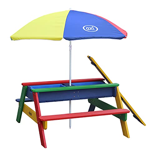 AXI Nick Kinder Sand & Wasser Picknicktisch aus Holz | Wasserspieltisch & Sandtisch mit Deckel und Behältern | Kindertisch/Matschtisch in Regenbogen Farben mit Sonnenschirm für den Garten von AXI