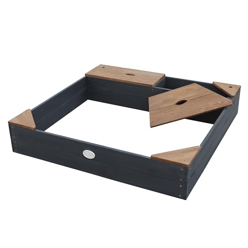 AXI Sandkasten Amy aus FSC Holz mit Abdeckplane in Anthrazit & Braun | Sand Kasten mit Abdeckung für Kinder mit Sitzbank, Sitzecken & Stauraum | 115 x 115 cm von AXI