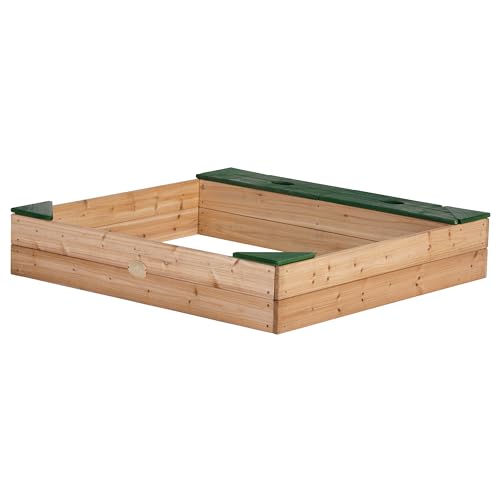 AXI Sandkasten Amy aus FSC Holz mit Abdeckplane in Braun & Grün | Sand Kasten mit Abdeckung für Kinder mit Sitzbank, Sitzecken & Stauraum | 115 x 115 cm von AXI