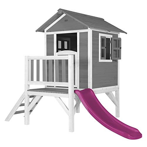 AXI Spielhaus Beach Lodge XL in Grau mit Rutsche in Lila | Stelzenhaus aus FSC Holz für Kinder | Kleiner Spielturm für den Garten. von AXI