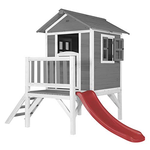 AXI Spielhaus Beach Lodge XL in Grau mit Rutsche in Rot | Stelzenhaus aus FSC Holz für Kinder | Kleiner Spielturm für den Garten. von AXI