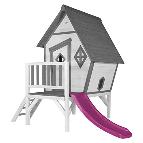 AXI Spielhaus Cabin XL in Weiß mit Rutsche in Lila | Stelzenhaus aus FSC Holz für Kinder | Kleiner Spielturm für den Garten von AXI