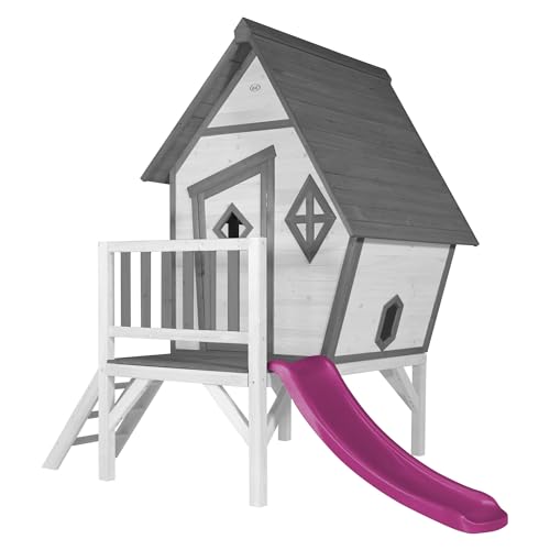 AXI Spielhaus Cabin XL in Weiß mit Rutsche in Lila | Stelzenhaus aus FSC Holz für Kinder | Kleiner Spielturm für den Garten von AXI