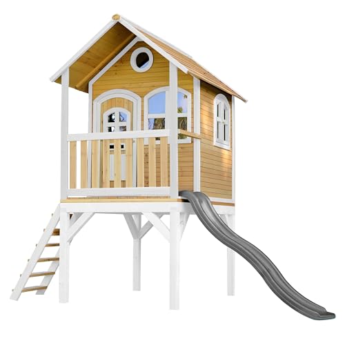 AXI Spielhaus Laura mit Grauer Rutsche | Stelzenhaus in Braun & Weiß aus FSC Holz für Kinder | Spielturm mit Wellenrutsche für den Garten von AXI