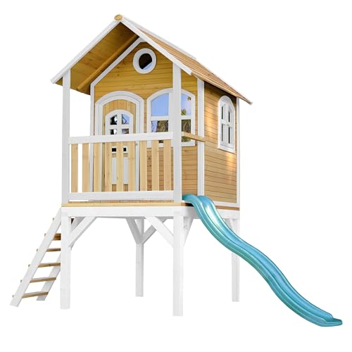 AXI Spielhaus Laura mit grüner Rutsche | Stelzenhaus in Braun & Weiß aus FSC Holz für Kinder | Spielturm mit Wellenrutsche für den Garten von AXI