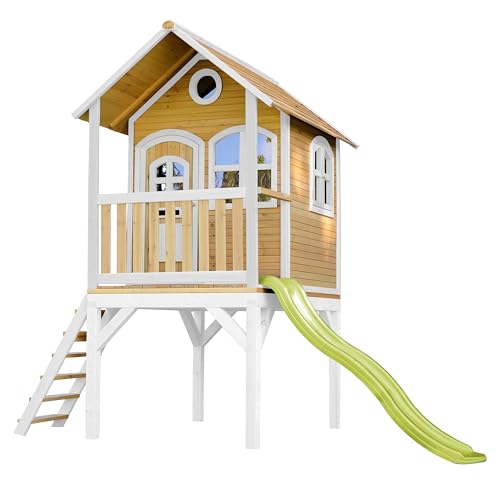 AXI Spielhaus Laura mit hellgrüner Rutsche | Stelzenhaus in Braun & Weiß aus FSC Holz für Kinder | Spielturm mit Wellenrutsche für den Garten von AXI