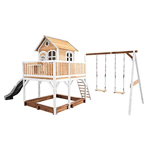 AXI Spielhaus Liam mit Sandkasten, Doppelschaukel & Grauer Rutsche | Stelzenhaus XXL in Braun & Weiß aus FSC Holz für Kinder | Spielturm mit Wellenrutsche für den Garten von AXI
