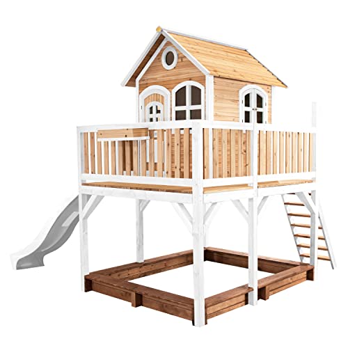 AXI Spielhaus Liam mit Sandkasten & weißer Rutsche | Stelzenhaus XXL in Braun & Weiß aus FSC Holz für Kinder | Spielturm mit Wellenrutsche für den Garten von AXI