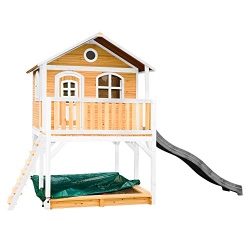 AXI Spielhaus Marc mit Sandkasten & Grauer Rutsche | Stelzenhaus in Braun & Weiß aus FSC Holz für Kinder | Spielturm mit Wellenrutsche für den Garten von AXI
