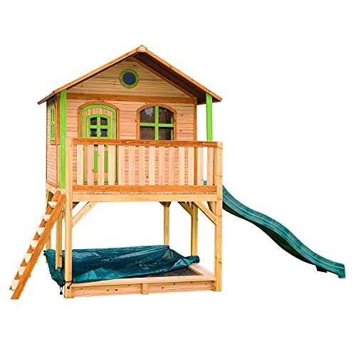 AXI Spielhaus Marc mit Sandkasten & grüner Rutsche | Stelzenhaus in Braun & Grün aus FSC Holz für Kinder | Spielturm mit Wellenrutsche für den Garten von AXI