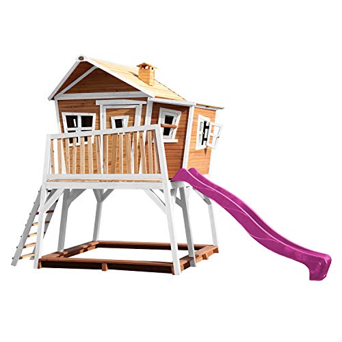 AXI Spielhaus Max mit Sandkasten & lila Rutsche | Stelzenhaus in Braun & Weiß aus FSC Holz für Kinder | Spielturm mit Wellenrutsche für den Garten von AXI
