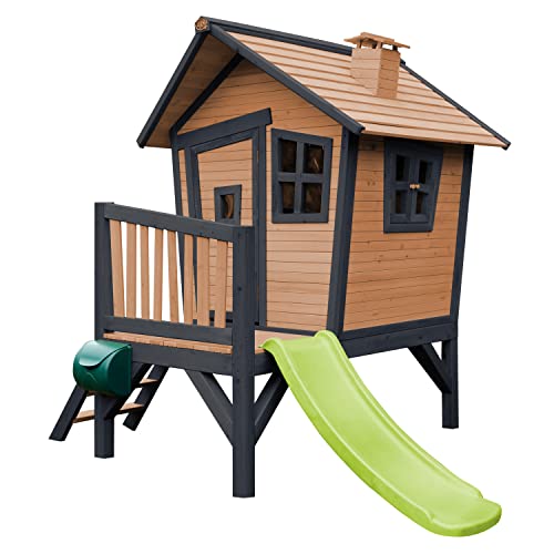 AXI Spielhaus Robin mit hellgrüner Rutsche | Stelzenhaus in Braun & Grau aus FSC Holz für Kinder | Spielturm für den Garten von AXI