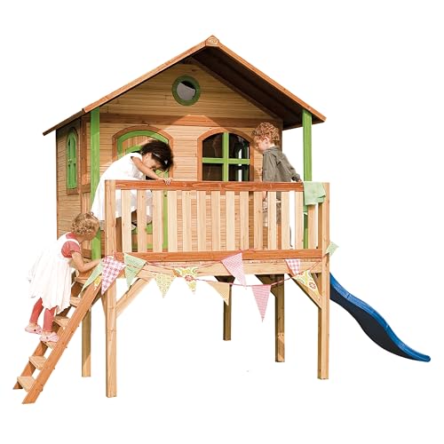 AXI Spielhaus Sophie mit Blaue Rutsche | Stelzenhaus in Braun & Grün aus FSC Holz für Kinder | Spielturm mit Wellenrutsche für den Garten von AXI