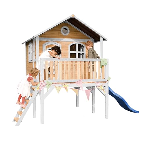 AXI Spielhaus Sophie mit Blaue Rutsche | Stelzenhaus in Braun & Weiß aus FSC Holz für Kinder | Spielturm mit Wellenrutsche für den Garten von AXI