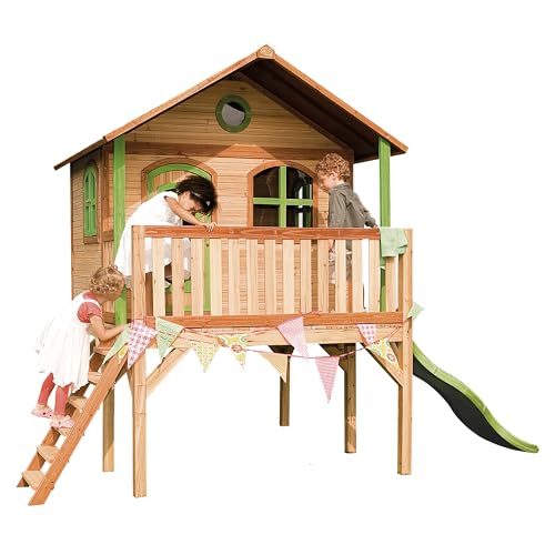 AXI Spielhaus Sophie mit hellgrüner Rutsche | Stelzenhaus in Braun & Grün aus FSC Holz für Kinder | Spielturm mit Wellenrutsche für den Garten von AXI
