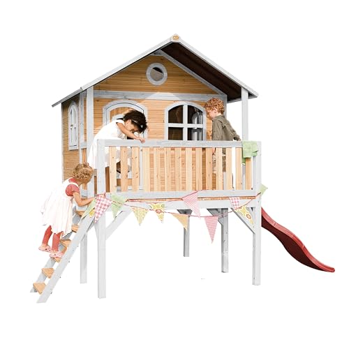 AXI Spielhaus Sophie mit rote Rutsche | Stelzenhaus in Braun & Weiß aus FSC Holz für Kinder | Spielturm mit Wellenrutsche für den Garten von AXI
