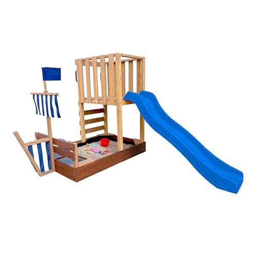 AXI Vicky Spielturm aus Holz in Braun mit Blauer Rutsche | Spielturm für Kinder mit Sandkasten, Spielküche & Kreidetafel | Vielseitiges Spielgerät für den Garten AXI Vicky Spielturm aus Holz in Braun mit Blauer Rutsche | Spielturm für Kinder mit Sandkasten, Spielküche & Kreidetafel | Vielseitiges Spielgerät für den Garten von AXI