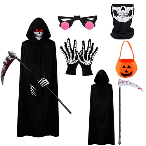 AXINYINGESS Halloween-Kostüm, Sensenmann, leuchtet im Dunkeln, Skelett-Kostüm, Kürbis-Tasche, leuchtende Maske und Handschuhe und Sensen-Requisite, gruseliges Halloween für Cosplay, Outfits von AXINYINGESS