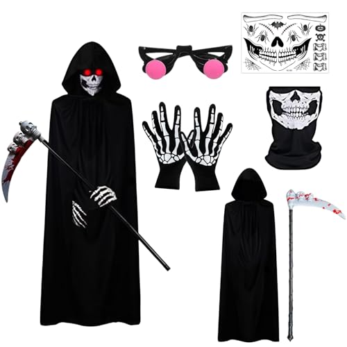 AXINYINGESS Skelett-Kostüm, leuchtet im Dunkeln, leuchtende Maske, Handschuhe und Sensen-Requisite, gruselige Halloween-Kostüme, 4 Stück von AXINYINGESS