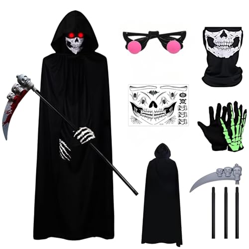 Sensenmann-Kostüm für Aldult Halloween – 6-teiliges dunkles Skelett-Custume, rot leuchtende Brille, Maske, Handschuhe, Sensen-Requisite und Aufkleber, gruseliges Halloween für Jungen und Mädchen von AXINYINGESS