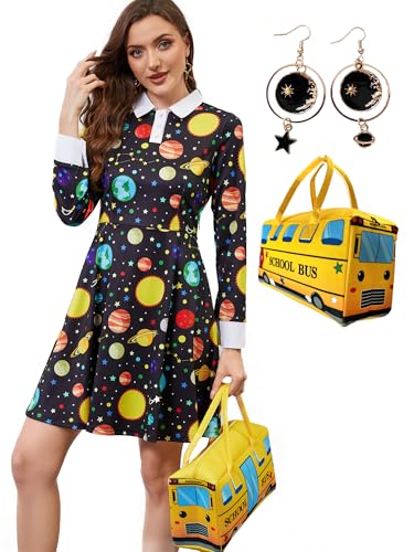 AXUIOKRY 3-teiliges Damenkleid, langärmelig, Peter-Pan-Kragen, Passform und ausgestellt, über dem Knie, Aline-Halloween-Kleid, Black Planet Yellow Bus, L von AXUIOKRY