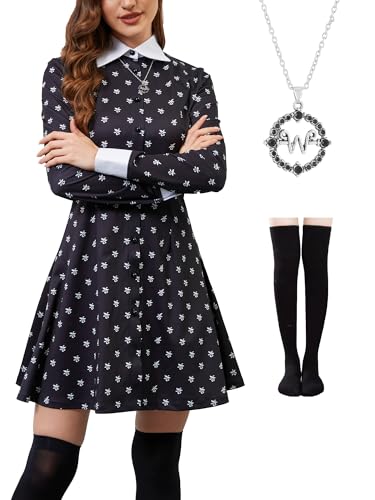 AXUIOKRY Langärmeliges Damenkleid mit Peter-Pan-Kragen und Socken-Halskette, Schwarz, S von AXUIOKRY