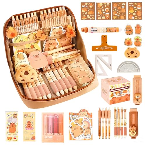 AXVRAV 51 Stück Capybara Schreibwaren Set, Capybara Federmäppchen mit Fächern, Süßes Capybara Mäppchen Geschenkset für Kinder & Schüler, Capybara Stifte, für Büro, Schule, Kinder, Schüler von AXVRAV