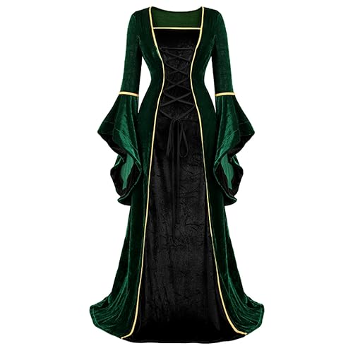 AYAZER Damen Renaissance Irish Deluxe Samtkleid Viktorianisches Mittelalter Langes Kleid Retro Kostüm Halloween Cosplay Kostüm Übergröße-Grün Schwarz-L von AYAZER