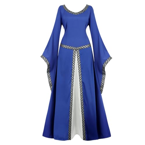 AYAZER Damen Renaissance Mittelalterliches langes Kleid irischer Spitzenbesatz Trompetenärmel über Kleid viktorianisches Retro-Kostüm Halloween-Kostüm-blau-S von AYAZER