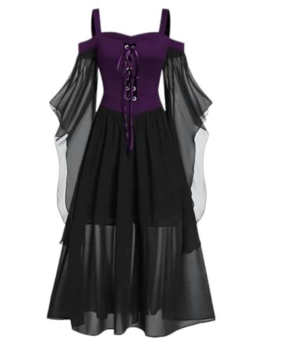 AYAZER Retro-Damen-Halloween-Cosplay-Kostüm für Damen, Gothic, schulterfrei, mit Schnürung, Bandage, Netzstoff, transparent, A-Linien-Länge, Slip-Kleid, Party-Kostüm-XM01 Schwarz Lila-Große Größe 5XL von AYAZER