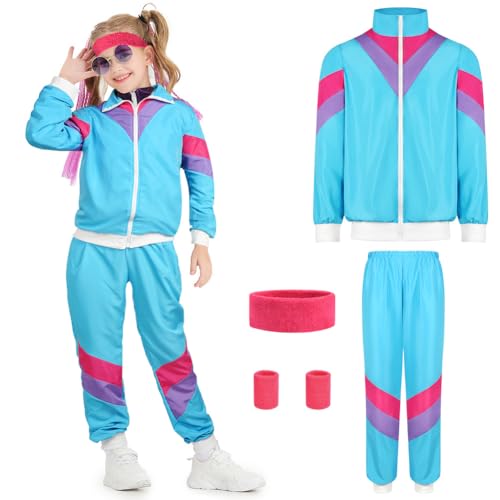 AYBUY 90er 80er Jahre Outfit Kinder, New Kids Kostüm 80er Jahre Trainingsanzug Disco, Jacke und Hose, Jogginganzug, Bad Taste Outfit, Retro-Style, Karneval, Mottoparty(L-Blau) von AYBUY