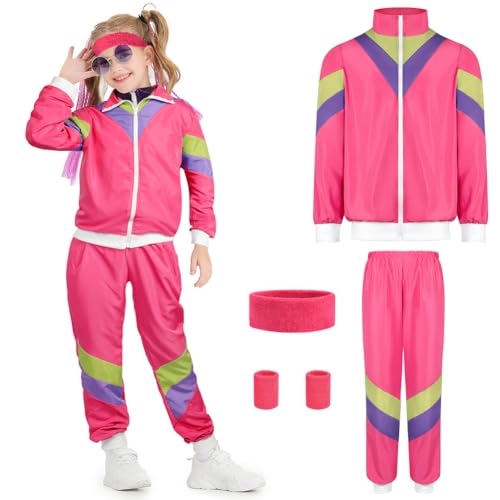 AYBUY 90er 80er Jahre Outfit Kinder, New Kids Kostüm 80er Jahre Trainingsanzug Disco, Jacke und Hose, Jogginganzug, Bad Taste Outfit, Retro-Style, Karneval, Mottoparty(M-Rosarot) von AYBUY