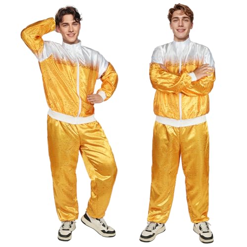 AYBUY Disco Kostüm Set, 2-teiliges Disco-Kostüm-Oberteil-Hosen-Set, Langärmliger Retro-Trainingsanzug, Geeignet für Rollenspiele und Rave-Partys im Stil der 70er und 80er Jahre(M-Gelb) von AYBUY