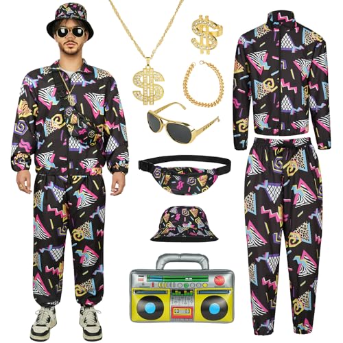 AYBUY Disco Kostüm Set, 9-teiliges Disco-Outfit inklusive Langarmshirt, Hose, Hut, Gürteltasche, Halskette, Armband, Ring, Sonnenbrille und aufblasbarem Radio, für eine 70er-Jahre-Party(XL-Schwarz) AYBUY Disco Kostüm Set, 9-teiliges Disco-Outfit inklusive Langarmshirt, Hose, Hut, Gürteltasche, Halskette, Armband, Ring, Sonnenbrille und aufblasbarem Radio, für eine 70er-Jahre-Party(XL-Schwarz) von AYBUY