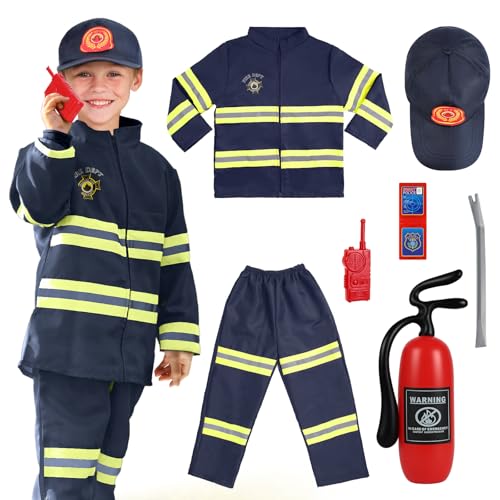 AYBUY Feuerwehr Kostüm Set für Kinder, Feuerwehrmann Kostüm Kinder, Feuerwehr Rollenspiel mit Spielzeug-Feuerlöscher, Waschbares Feuerwehrmann Set für Karneval, Fasching, Mottoparty (B) von AYBUY