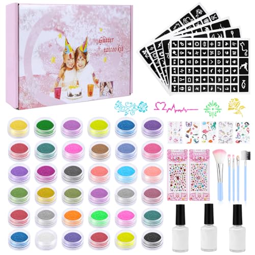 AYBUY Glitzer Tattoo Set, Glitzer-Tattoo-Set für Kinder mit 36 Glitzerfarben, 187 Mustern, 3 Flaschen Kleber, 5 leuchtenden Aufklebern, 5 Pinseln, 2 Diamant-Aufkleber, Perfekt für Halloween-Partys AYBUY Glitzer Tattoo Set, Glitzer-Tattoo-Set für Kinder mit 36 Glitzerfarben, 187 Mustern, 3 Flaschen Kleber, 5 leuchtenden Aufklebern, 5 Pinseln, 2 Diamant-Aufkleber, Perfekt für Halloween-Partys von AYBUY