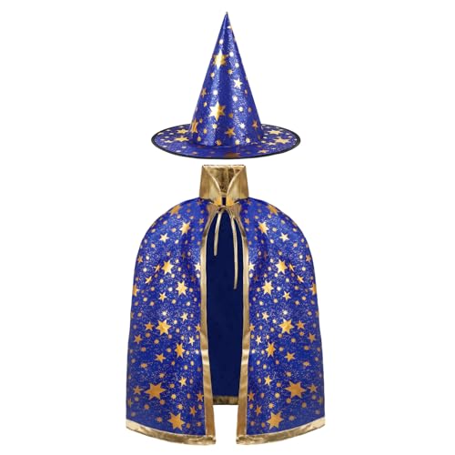 AYBUY Kinder Halloween Kostüm, Zauberer Kostüm Kinder, Wizard Cape Witch Umhang mit Hut, Kinderkostüm Hexenhut Faschingskostüm für Karneval Fasching Cosplay Junge Mädchen, Blau von AYBUY