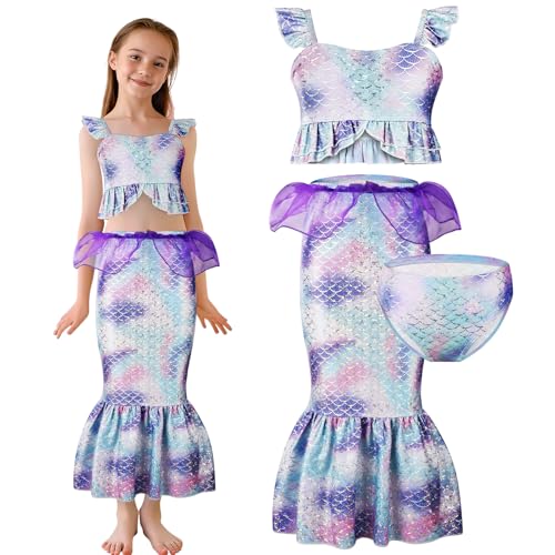 AYBUY Mädchen Badeanzug 3-teilig, Mädchen Cosplay Bikini Set mit langem Rock Bademode, Bustier Bikinislip Badeanzug für Mädchen, Kinder, Jugendliche, Lila (120cm) von AYBUY