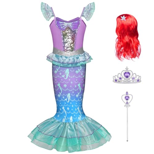 AYBUY Prinzessin Kleid Mädchen, 4-Teiliges Set Prinzessin Kostüm Mädchen mit Perücke, Krone und Zepter, Kostüm Kinder für Karneval Party Halloween Weihnachten Cosplay (110) von AYBUY