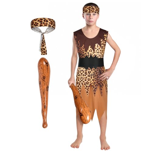 AYBUY Steinzeitkleidung für Kinder, Höhlen Kostüm mit Gewand, Robe, Gürtel Kopftuch und aufblasbare Stock, Höhlenmensch-Anzug für Halloween, Fasching, Themen Partys, L von AYBUY