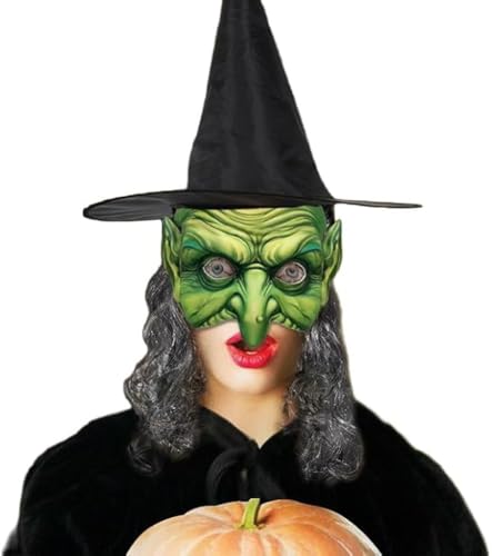 Damen Maske und Hexenhut mit langen Haaren, Hexenmaske, halbes Gesicht, EVA, Zaubererhut, Magisch, Halloween-Gesichtsbedeckung, realistisch, Zubehör für Cosplay, Karneval von AYIDBE