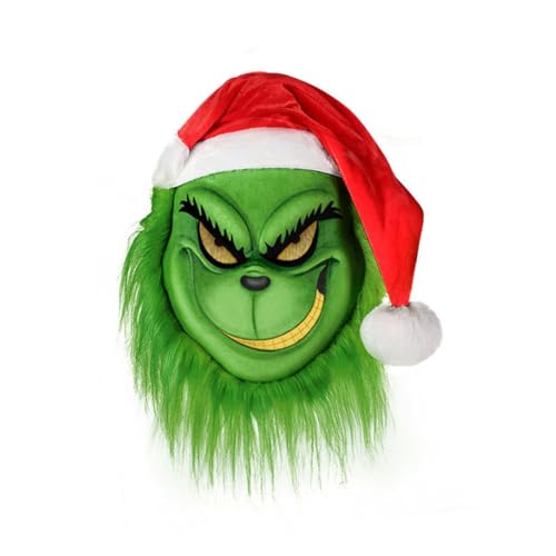 Set mit grüner Monstermaske und grünen Handschuhen, mürrische Masken, Kostüm, Halloween, gruselig, für Erwachsene, Vollmaske, Weihnachten, Cosplay, Kostüm, mit Weihnachtsmannmütze, Maske von AYIDBE